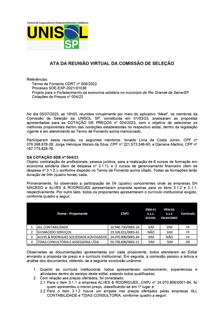 TERMO DE HOMOLOGAÇÃO COTAÇÃO SDE nº 004/23